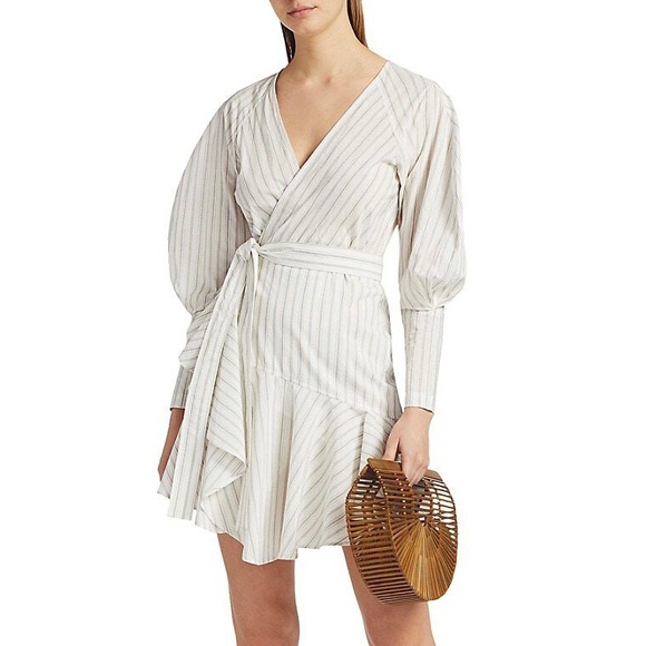 NEW A.L.C. Enzo Puff Sleeve Striped Poplin Wrap Dress (Sz 6) White Salmon - Picture 2 of 15